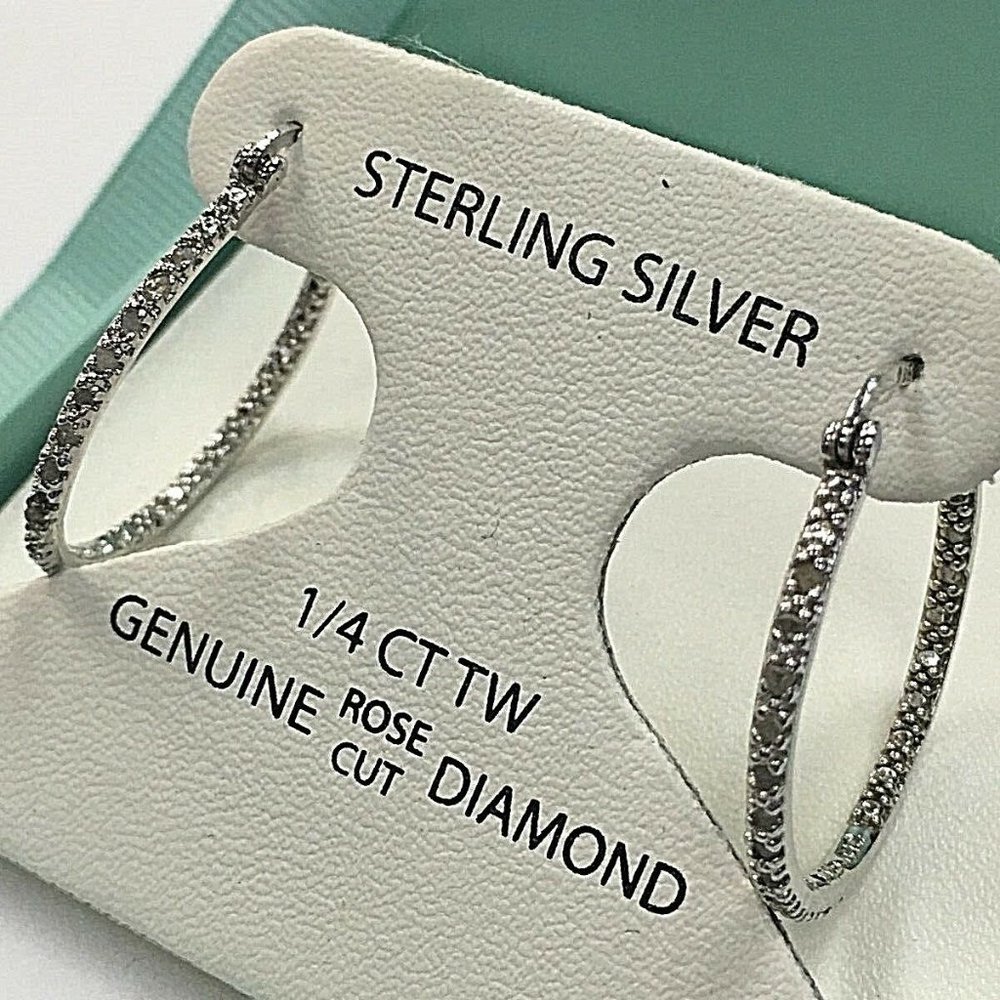 1/4 CT GENUINE DIAMOND 925 SILVER HOOP EARRINGS!